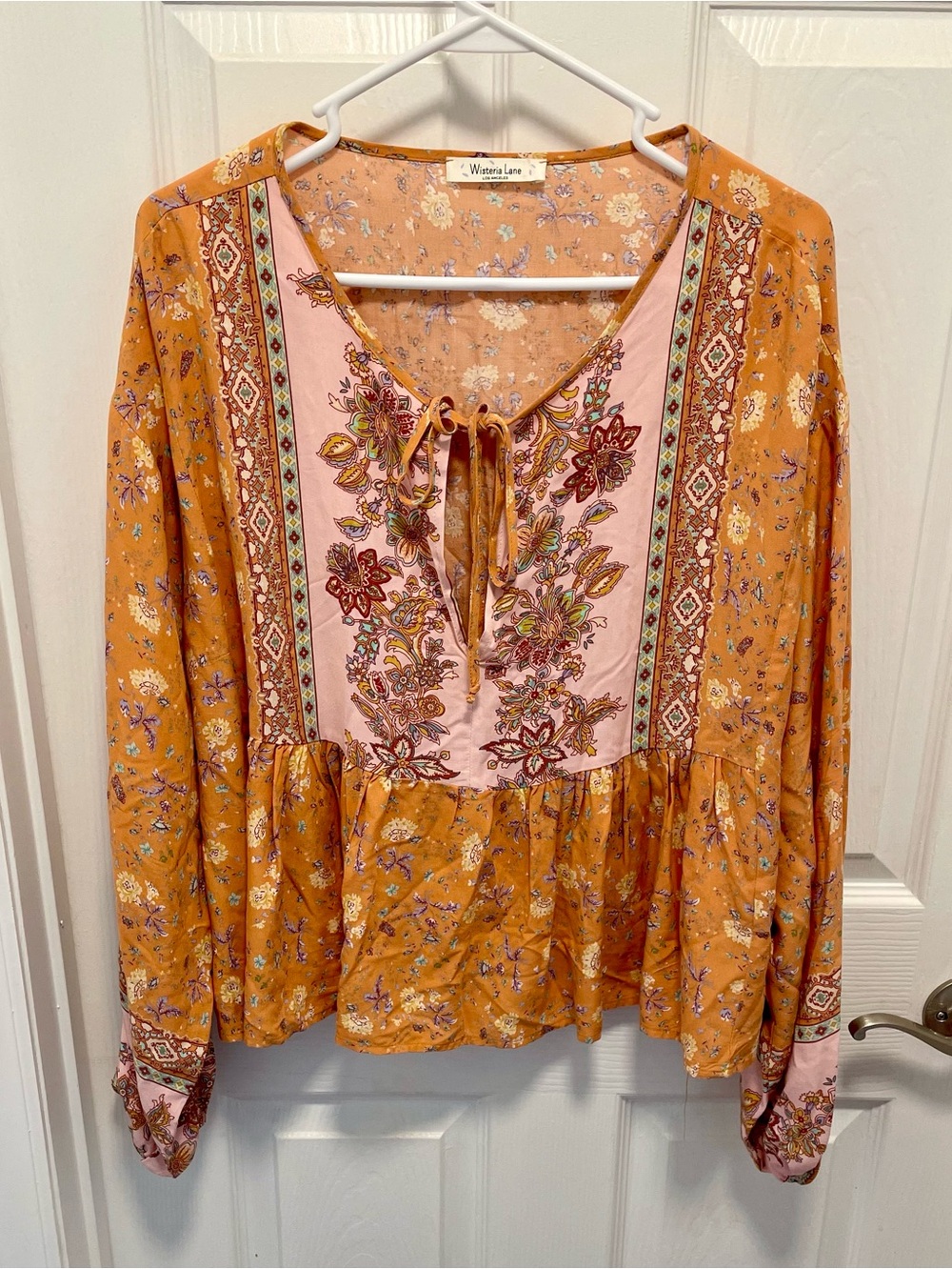 Wisteria Lane Boho Mustard & Pink Floral Tie-Neck Peasant Top